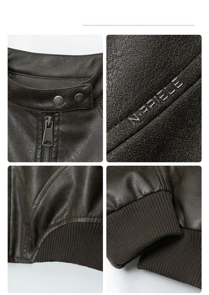 HeyHenry American Fashion Stand Collar Long Sleeve Short PU Leather Short Jacket