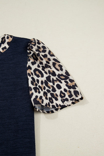 Rib Contrast Leopard Patchwork Short Sleeve Top