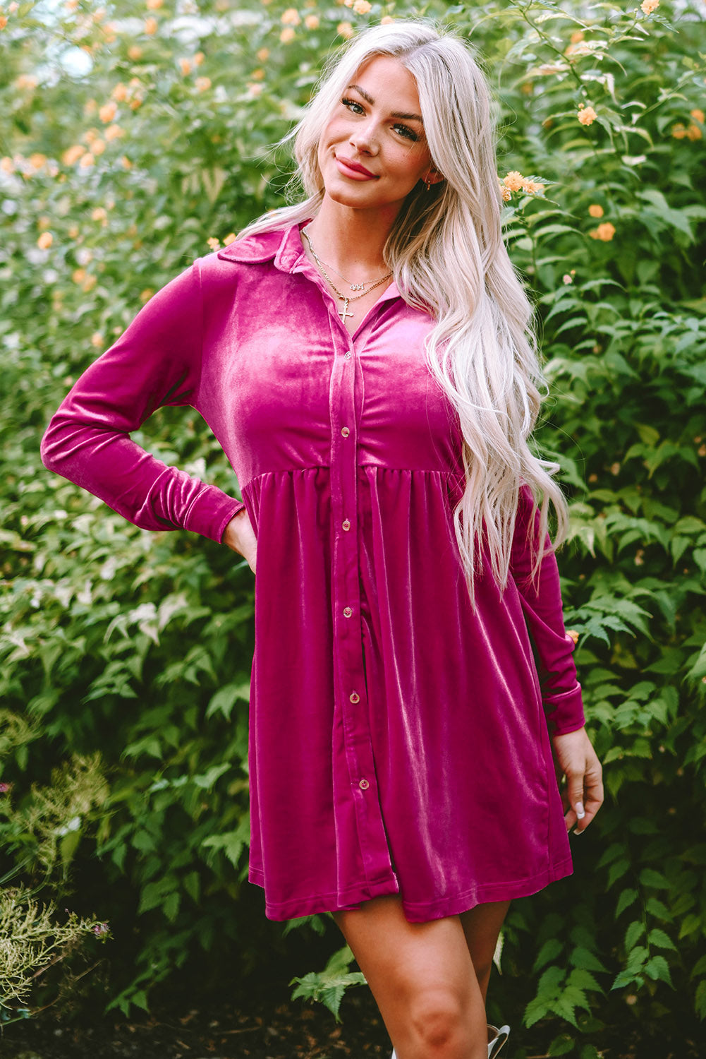 Valentine Velvet Ruffle Buttoned Long Sleeve Dress