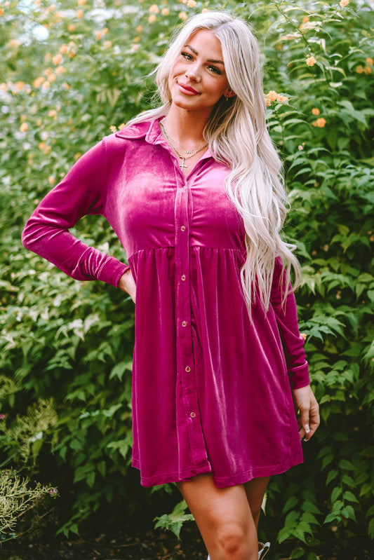 Valentine Velvet Ruffle Buttoned Long Sleeve Dress