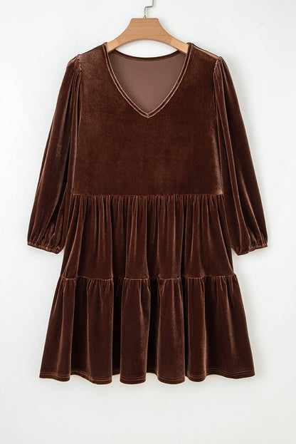Velvet V-Neck Long Sleeve Tiered Mini Dress