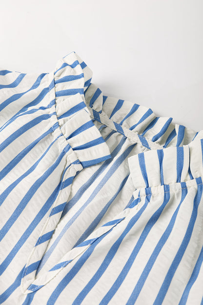 Stripe Knotted 3/4 Sleeve Notched Neck Mini Dress