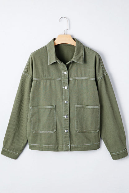 Denim Button-Up Patch Pocket Collared Jacket