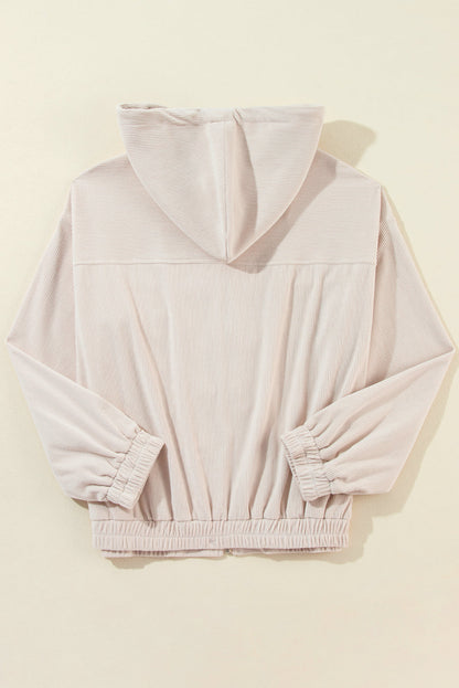 Solid Corduroy Zip-Up Pocketed Hooded Jacket
