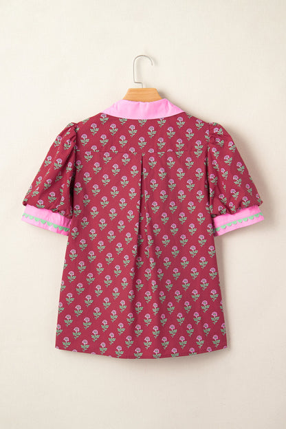 Floral Contrast Collar V-Neck Ricrac-Trim Blouse