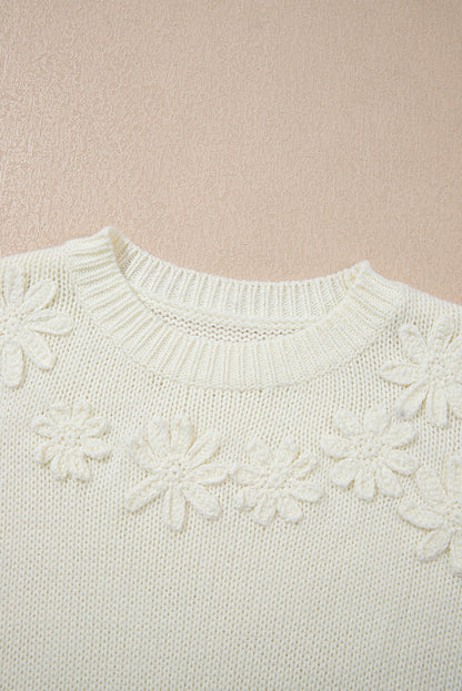 Floral Textured Puff Sleeve Round Neck Sweater