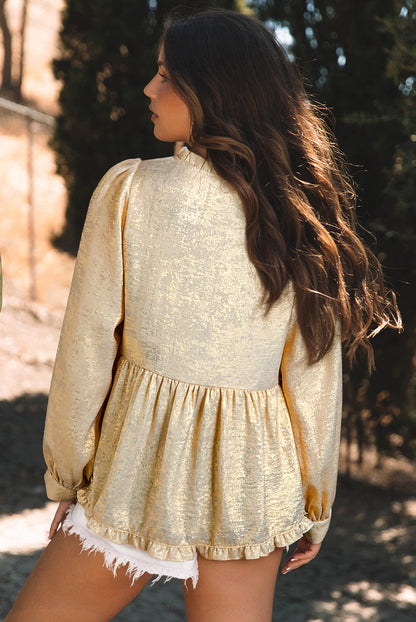 Solid Metallic V-Neck Puff Sleeve Babydoll Blouse