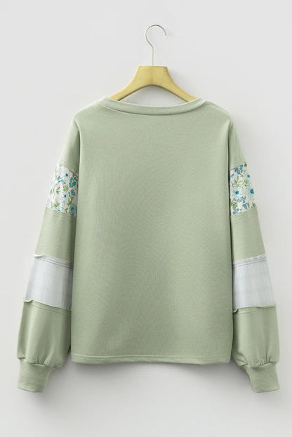 Floral Plaid Patchwork Sleeve French Terry Top