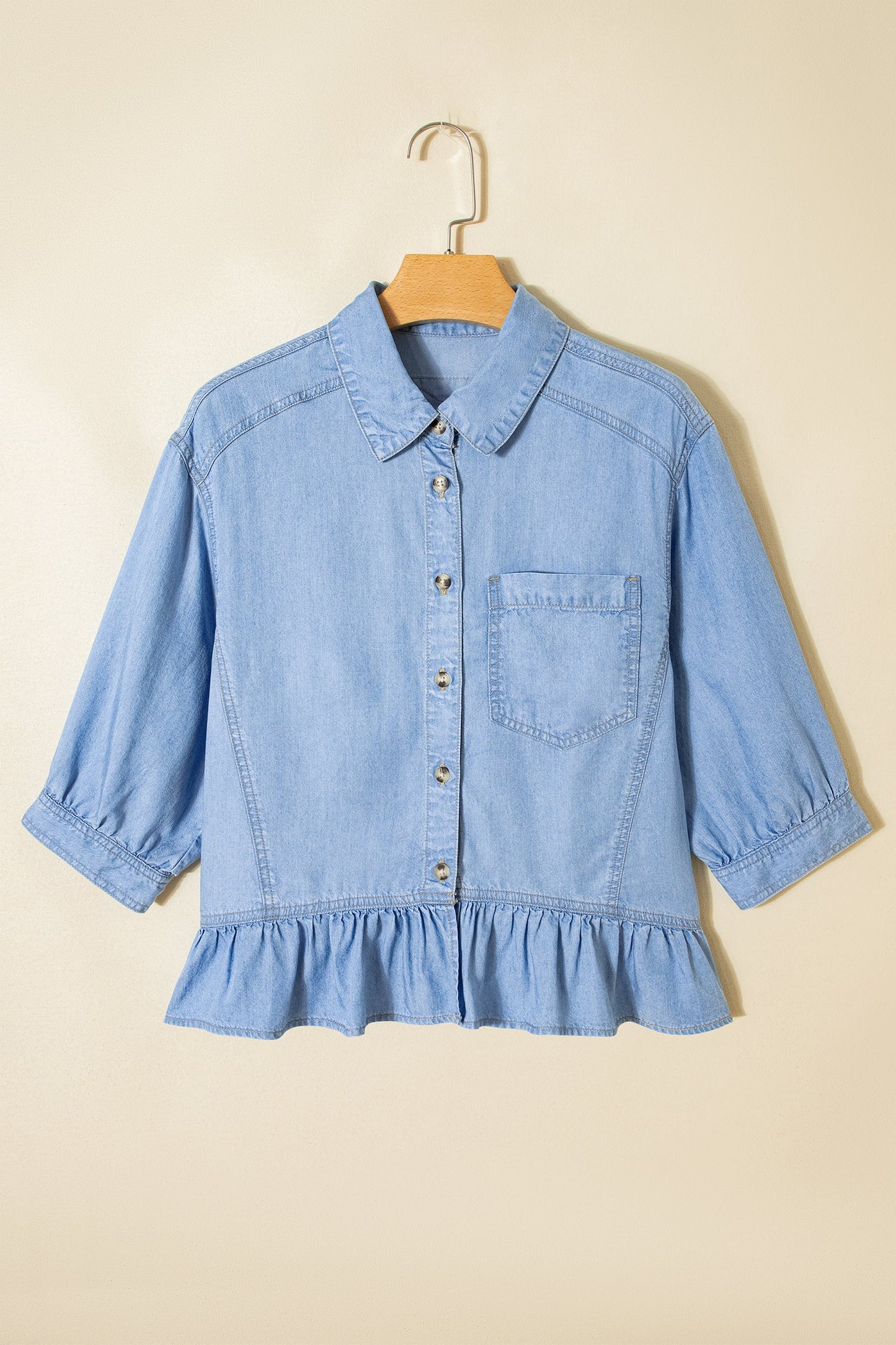 Half Sleeve Ruffle High-Low Chambray Shirt
