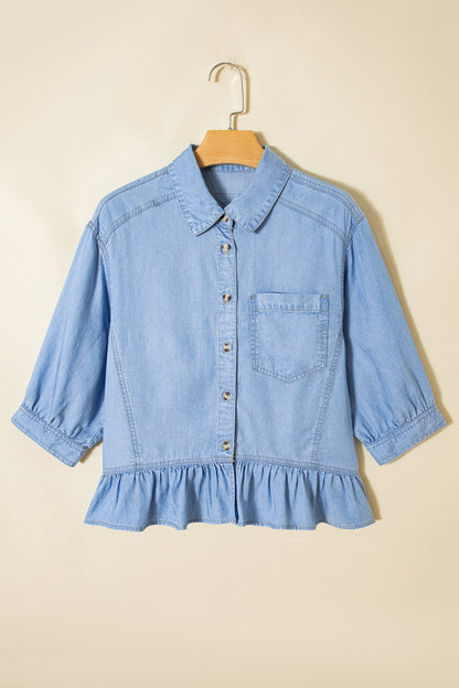 Half Sleeve Ruffle High-Low Chambray Shirt