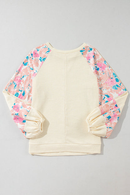 Floral Patchwork Balloon Sleeve Textured Blouse