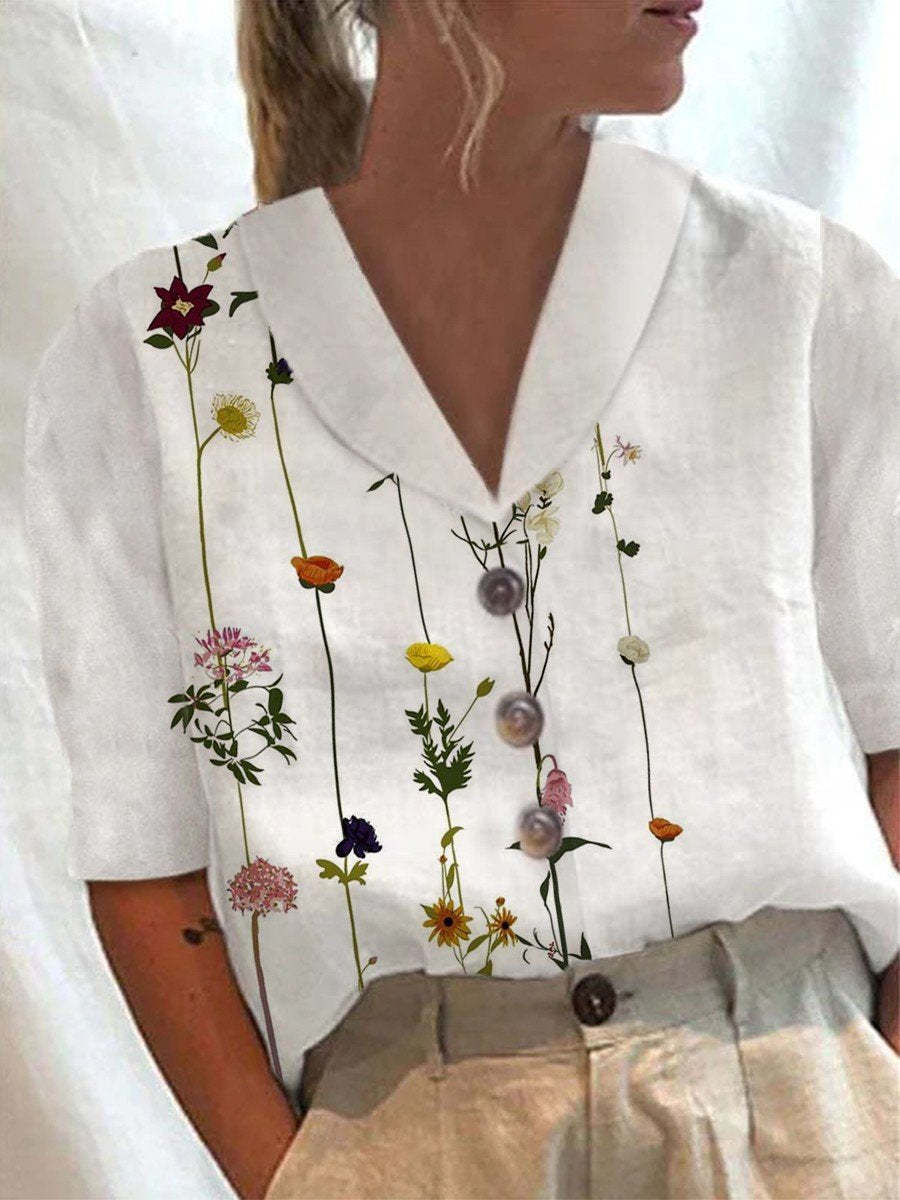 Women's Stand Collar Printed Cotton-Linen Shirt
