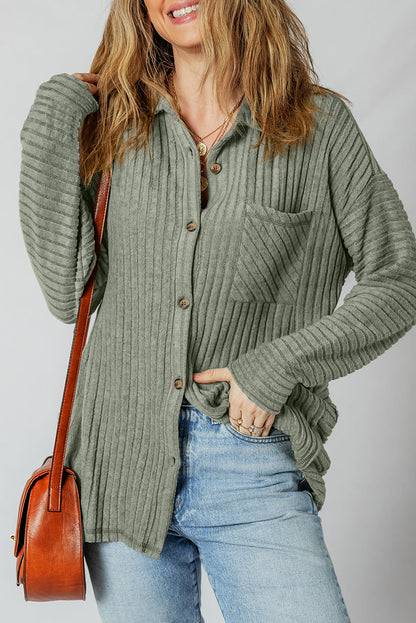 Thermal Ribbed Button-Up Drop Shoulder Textured Shacket