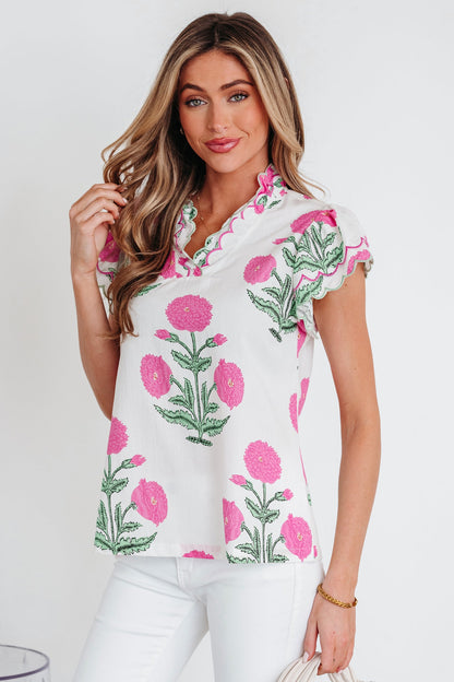 Wild Flower Contrast Trim Scallop Short Sleeve Blouse