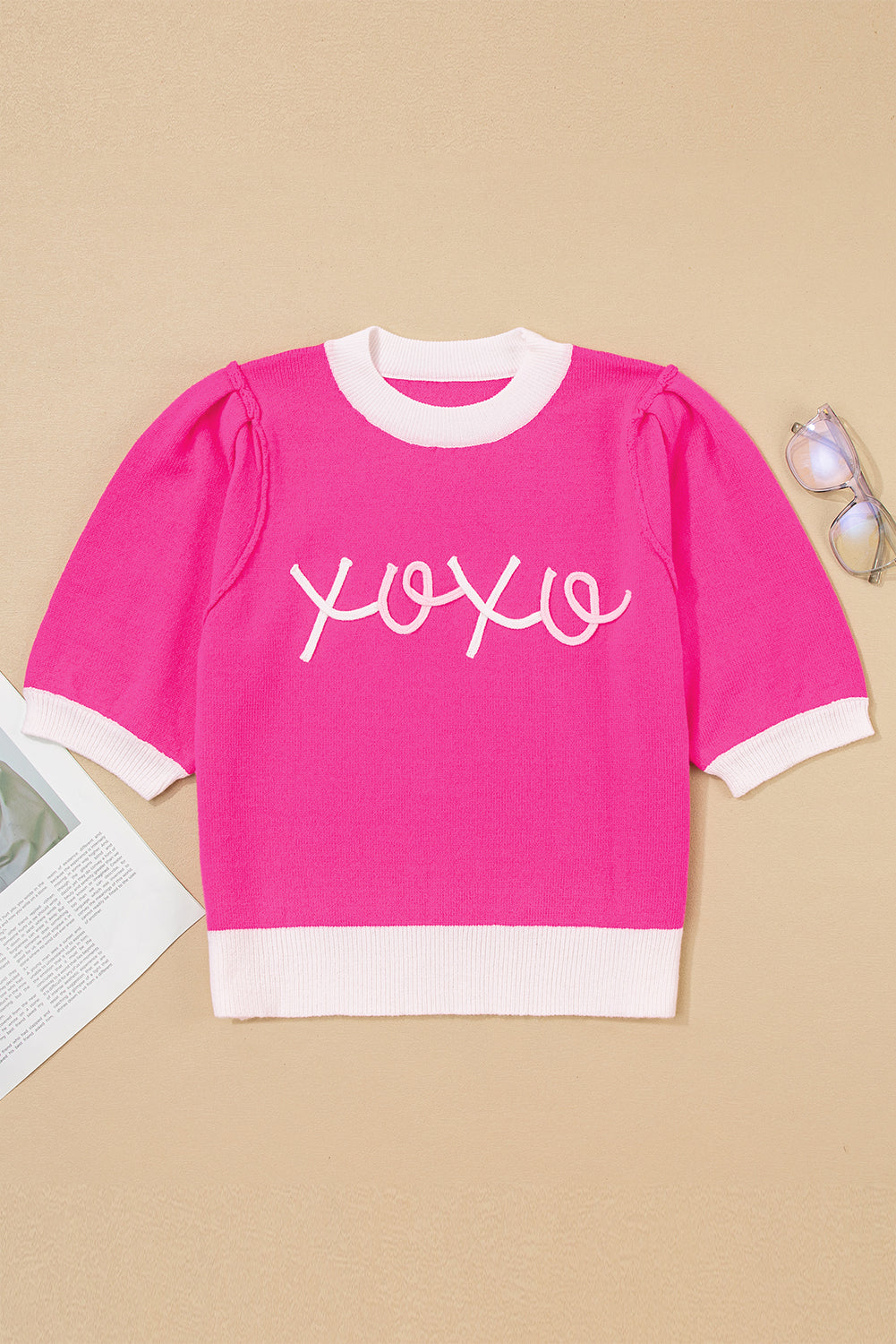 Valentine XOXO Embroidered Puff Sleeve Sweater Tee