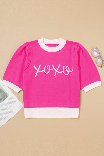 Valentine XOXO Embroidered Puff Sleeve Sweater Tee