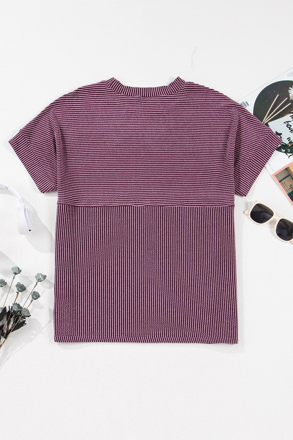 Plain Corded Knit Mock Neck T-Shirt