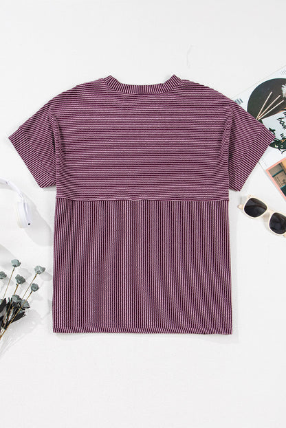 Plain Corded Knit Mock Neck T-Shirt