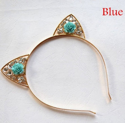 Alloy Diamond Rose Cat Ears Headband