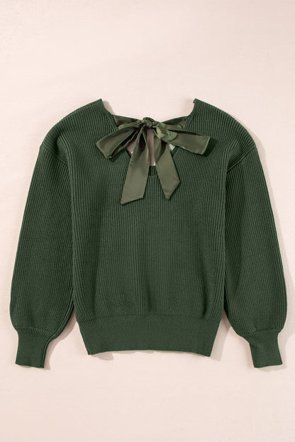 Bow Back Lantern Sleeve V-Neck Sweater