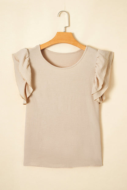 Solid Ruffle Short Sleeve Casual Blouse