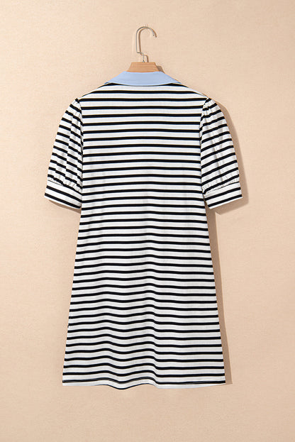 Stripe Patchwork V-Neck Collared Mini Dress
