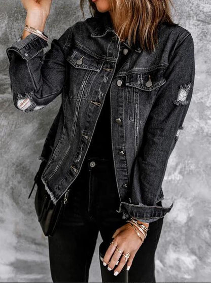 Female Creative Perforated Denim Long Sleeved Shirt