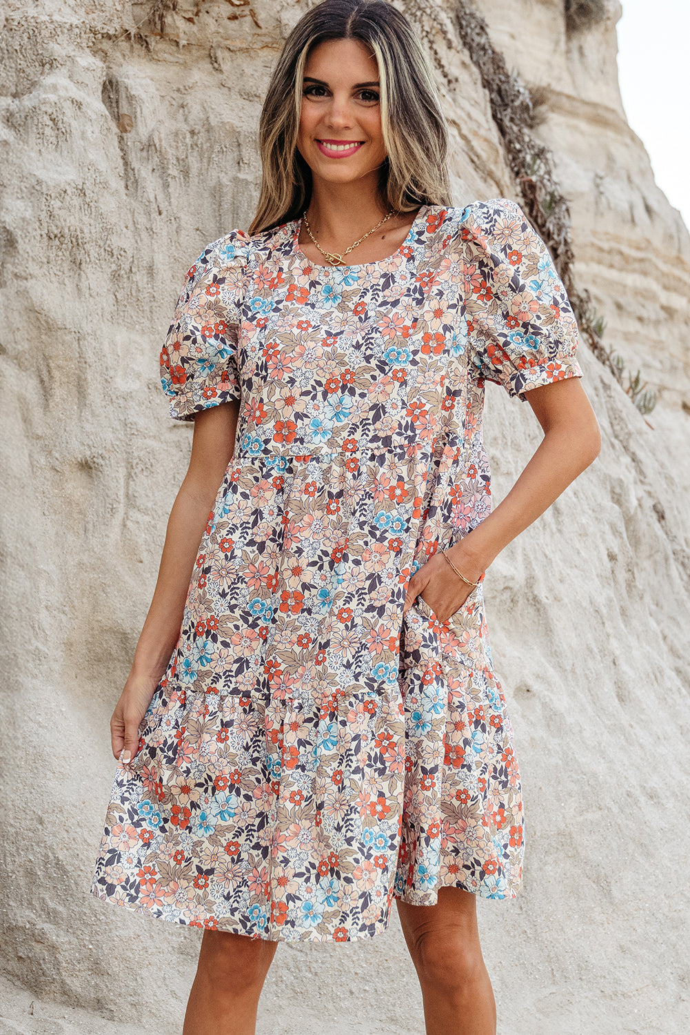 Floral Bohemian Short Puff Sleeve Mini Dress