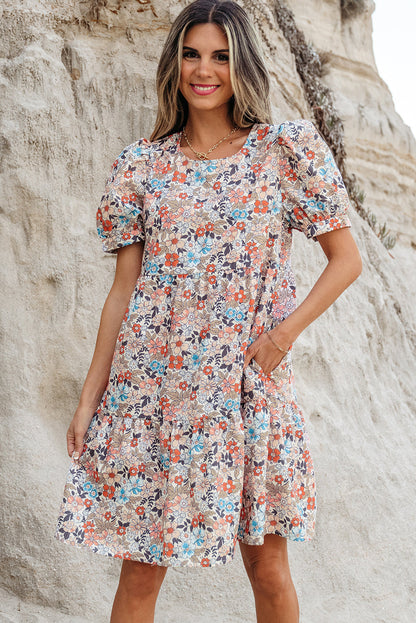 Floral Bohemian Short Puff Sleeve Mini Dress