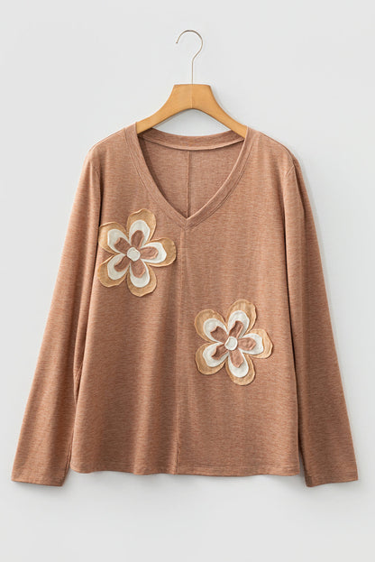 Floral Patchwork V-Neck Long Sleeve Top