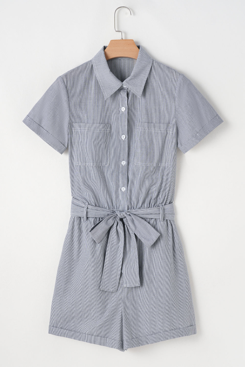 Stripe Chest Pockets Buttoned Belted High-Waist Romper