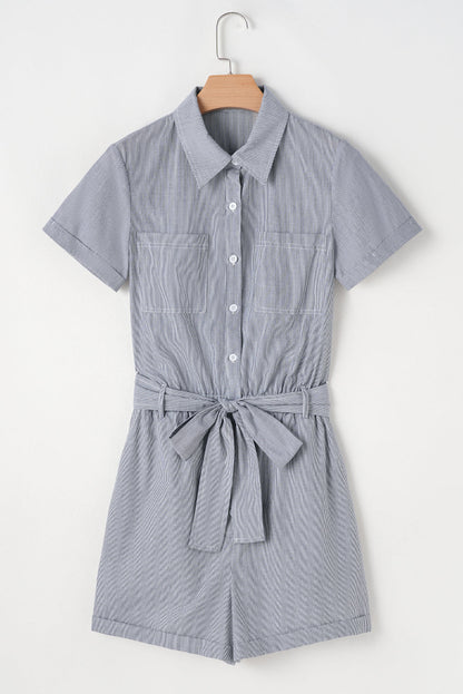 Stripe Chest Pockets Buttoned Belted High-Waist Romper