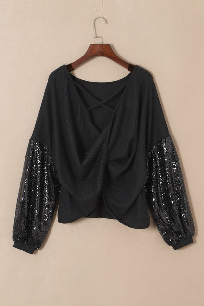 Sequin Patchwork Sleeve Open Back Top