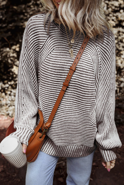 Stripe Ribbed Knit Boat Neck Sweater