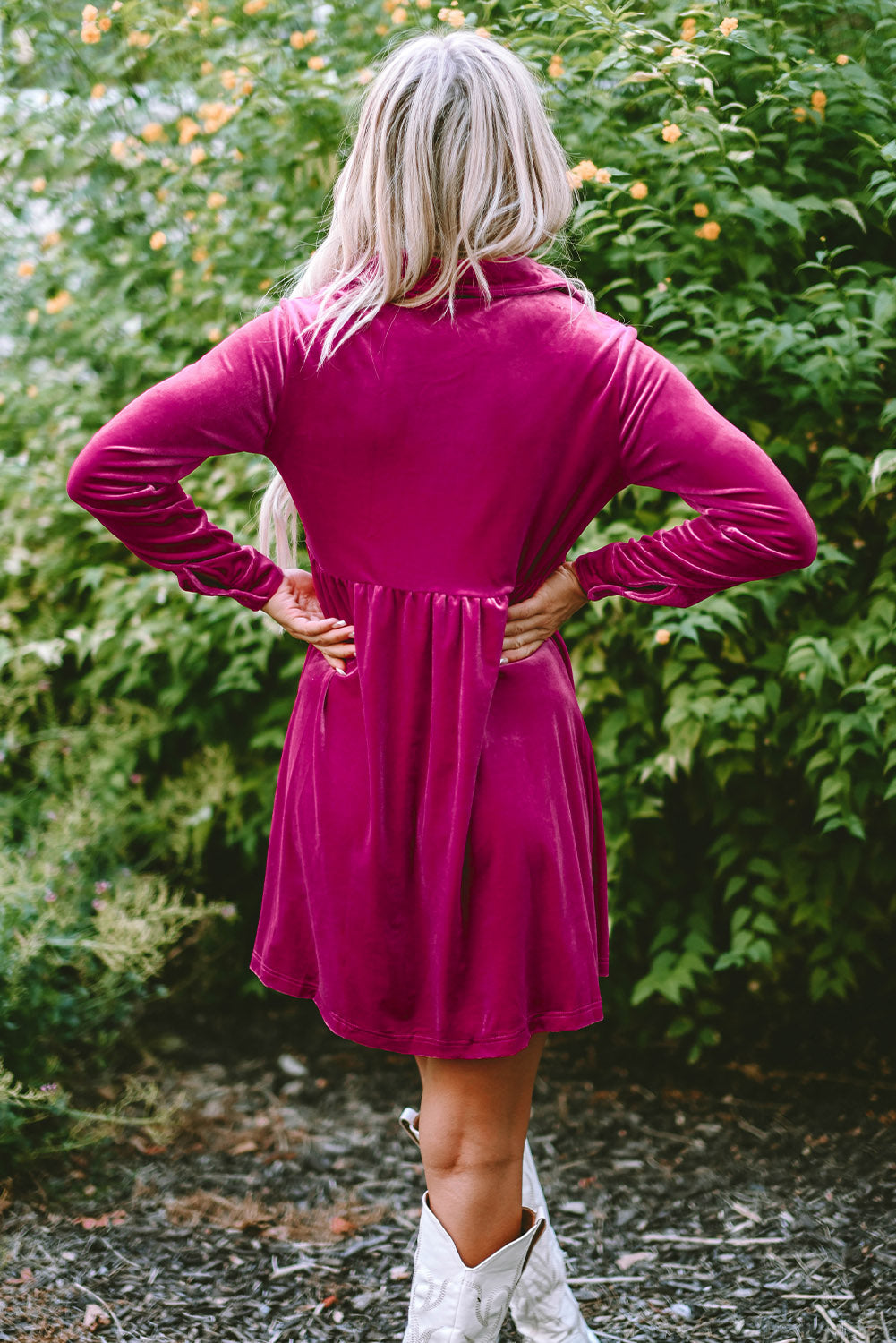 Valentine Velvet Ruffle Buttoned Long Sleeve Dress