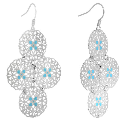 Silver Turquoise Color Round Filigree Dangle Earrings