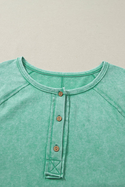 Half-Button Raw Seam Raglan Sleeve T-Shirt