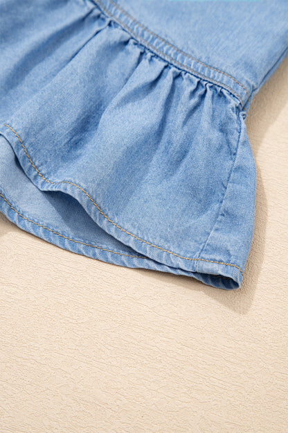 Half Sleeve Ruffle High-Low Chambray Shirt