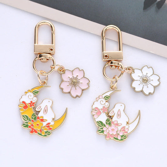 Cute Moon Rabbit Cherry Blossom Keychain