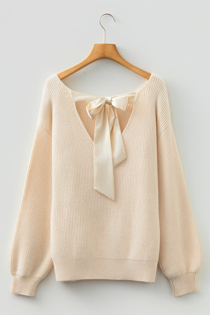 Ribbon Knot Backless Drop Shoulder Ribbed Sweater