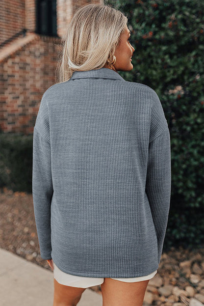 Ribbed Knit Flap Pocket Button-Up Shacket