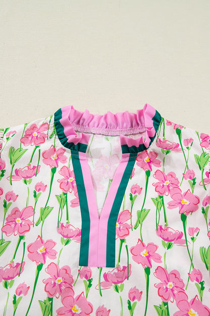 Contrast Trim V-Neck Ruffle Short Sleeve Blouse