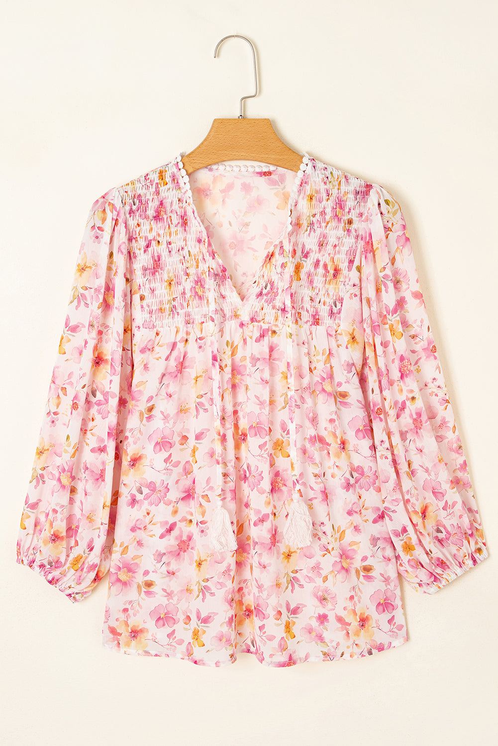 Floral Tassel Tie V-Neck Puff Sleeve Tunic Blouse