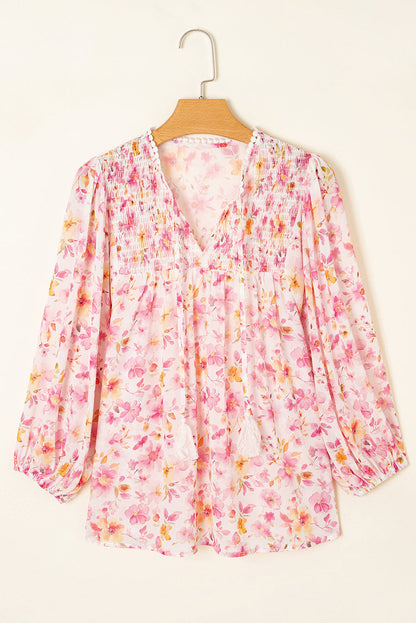 Floral Tassel Tie V-Neck Puff Sleeve Tunic Blouse