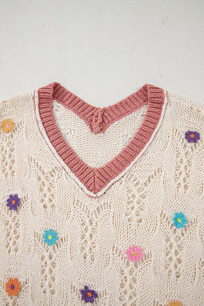 Flowers Embroidered Colorblock Edge Hollowed Sweater