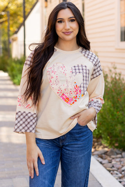 Valentine Heart Plaid Floral Patchwork Long Sleeve Top