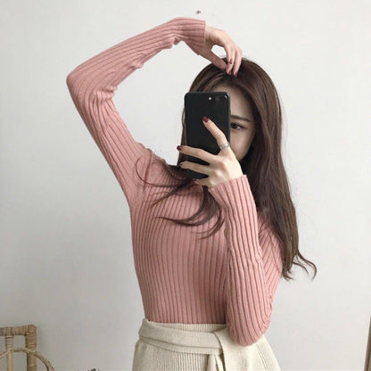 Round Neck Cored Yarn Slim Fit Sweater