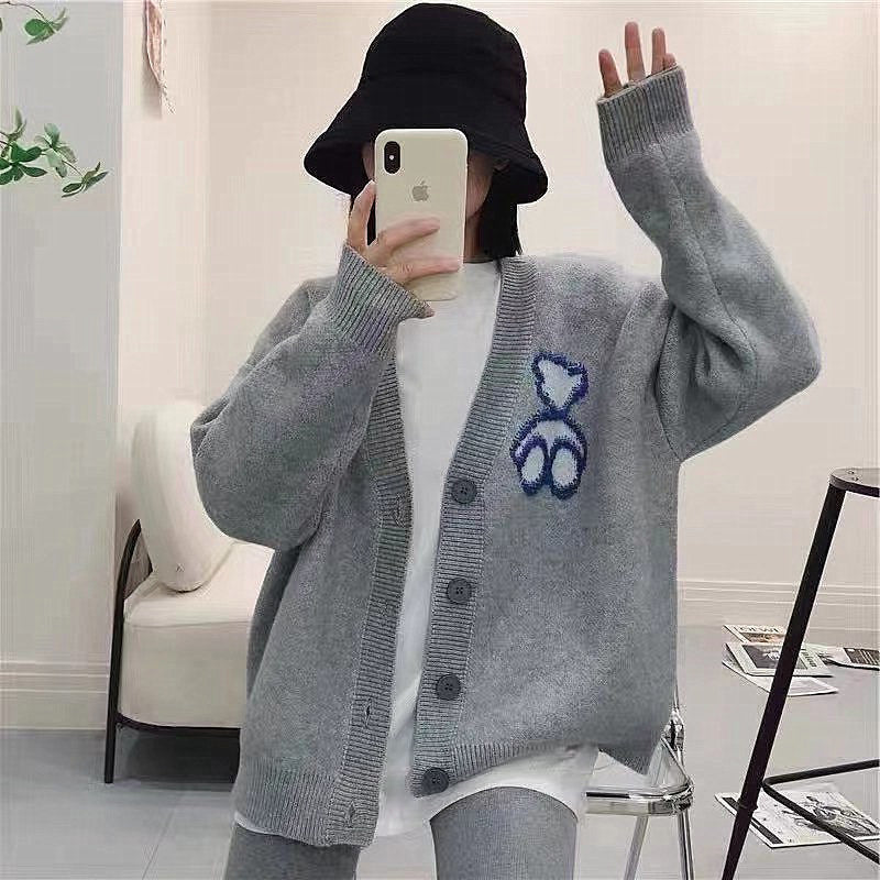 Western Style Idle Style Bear Pattern Sweater For Outer Wear