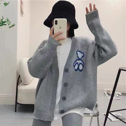 Western Style Idle Style Bear Pattern Sweater For Outer Wear