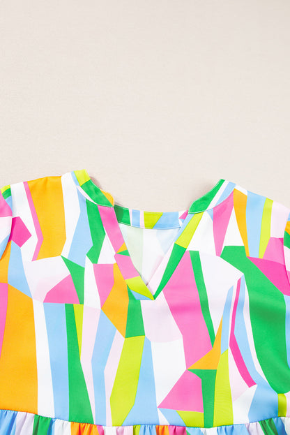 Abstract Ruffle Sleeve V-Neck Dress
